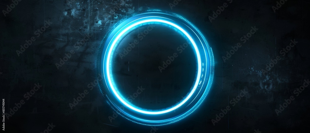 Aufkleber tech circle design, glowing neon blue rings with pulsating light effects, creating a futuristic inte