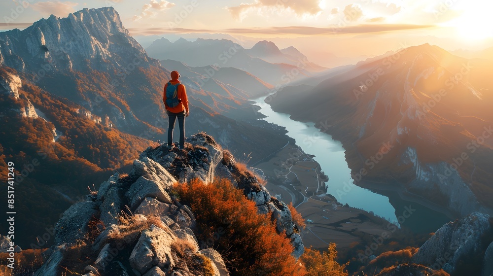 Wall mural Hiker Standing on Majestic Mountain Peak Overlooking Breathtaking Valley at Sunrise