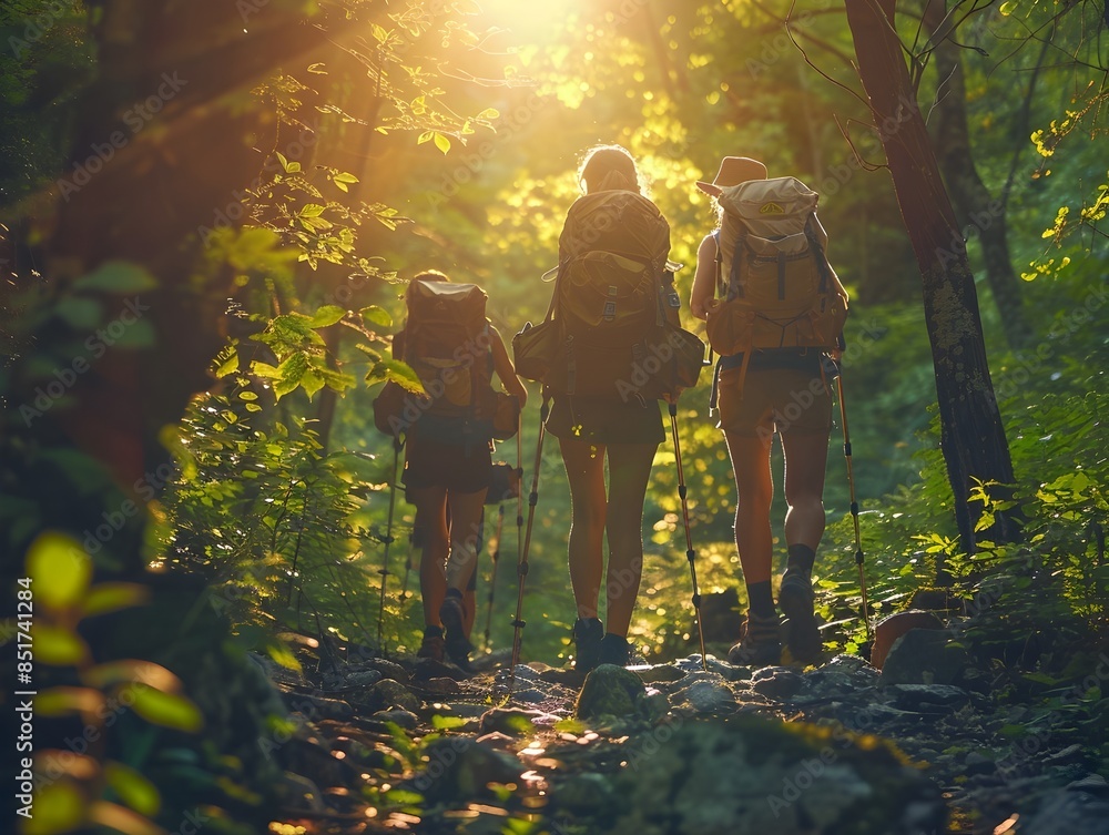 Wall mural group of hikers walking through sunlit forest landscape on hiking adventure