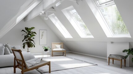 minimalist attic conversion featuring skylights, white walls, and minimal furniture, transforming the space into a bright and airy retreat