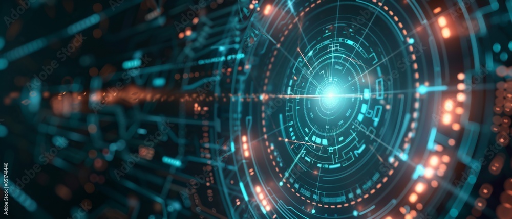 Aufkleber tech hud circle design, futuristic radar screen with glowing markers and data points, set against a 