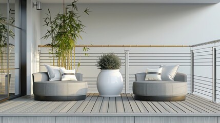 minimalist balcony setup with a slimline railing, a pair of streamlined planters with bamboo, and a compact seating arrangement for urban outdoor relaxation