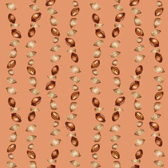 Seamless pattern with watercolor apricot kernels and seeds for design templates for fabric, textiles, wrapping paper, wallpapers, apricot oil in medicine, aromatherapy, cosmetology and cooking
