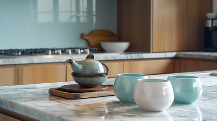 Modern Kitchen Counter with Teapot Set
