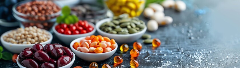 Assorted bowls of colorful beans, seeds, and capsules on a blue surface. Healthy nutrition and diet concept, close-up view.