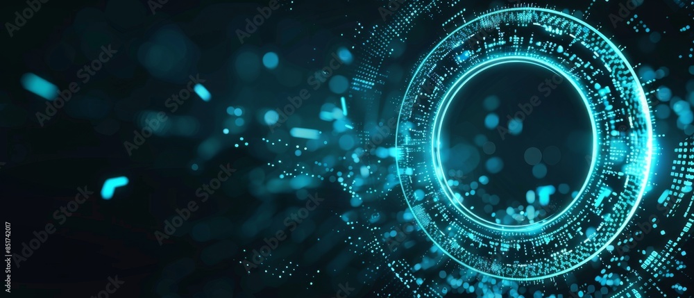 Poster tech hud circle design, glowing neon blue rings with pulsating light effects, creating a futuristic 