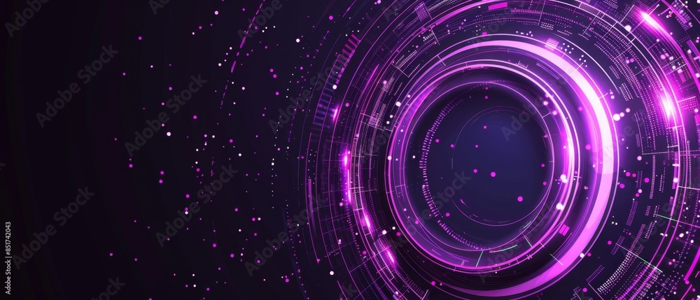 Aufkleber tech hud circle design, layered neon purple rings with intricate digital patterns, creating a visual