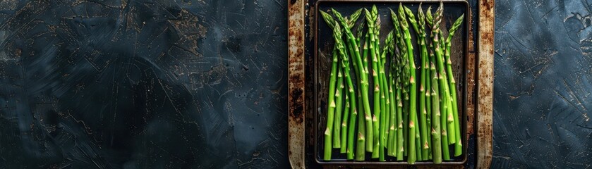 Obraz premium A bunch of fresh green asparagus on a metal tray