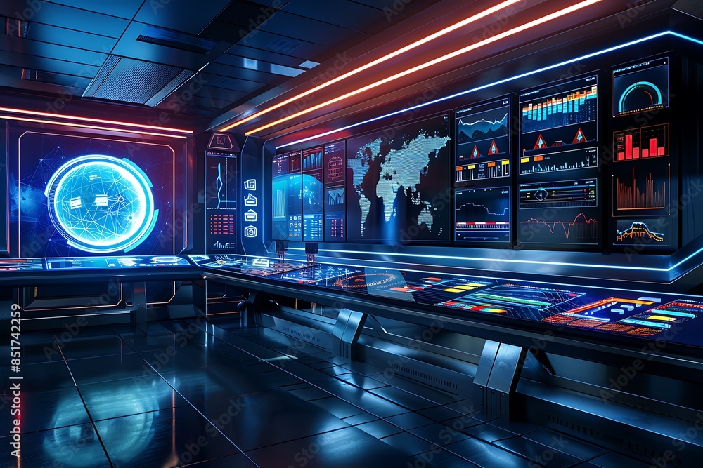 Poster Photo realistic futuristic control room with digital data panels displaying graphs, charts, and maps, representing technology and analytics concept