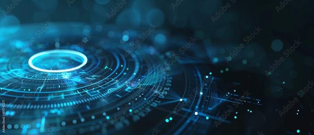 Poster tech hud circle design, dynamic neon blue circles with rhythmic pulses, forming a cutting-edge inter