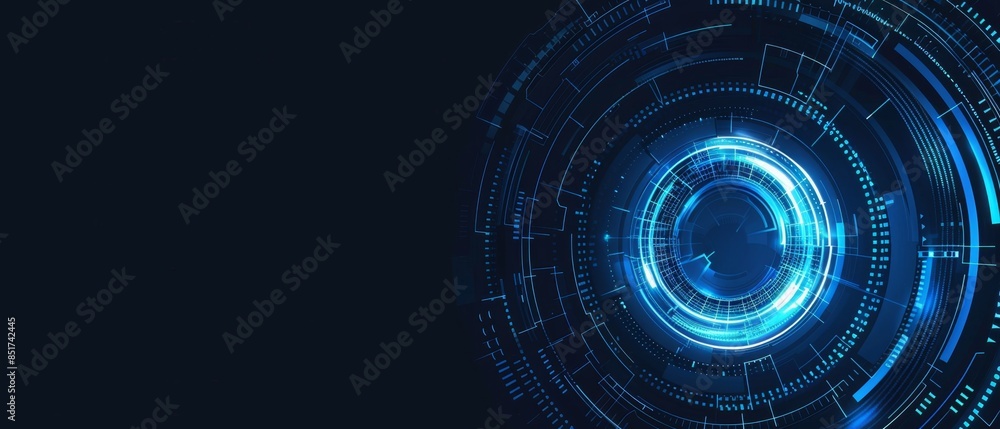 Poster tech hud circle design, dynamic neon blue circles with rhythmic pulses, forming a cutting-edge inter