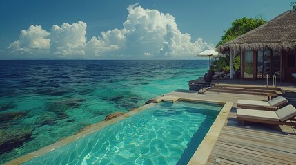 Fototapeta premium Luxury poolside leisure with ocean view and thatched villa