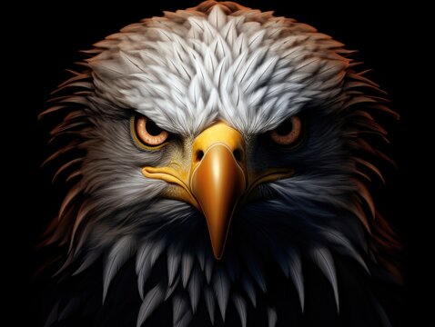 Close-up of a majestic bald eagle with intense eyes and detailed feathers captured in dramatic lighting, symbolizing strength and freedom.