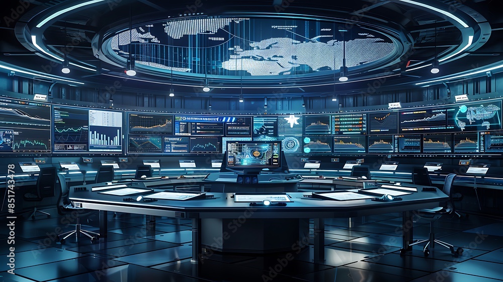 Poster photo realistic high-tech control room filled with digital screens showing real-time data and analyt