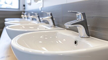 Fototapeta premium Close-up of a row of modern bathroom sinks with sleek chrome faucets in a contemporary setting.