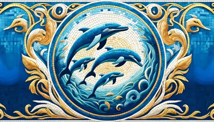 A detailed mosaic design in a 16_9 ratio featuring dolphins swimming gracefully in a circular formation.