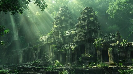 Fototapeta premium Ancient temple ruins bathed in sunlight amidst the dense forest canopy
