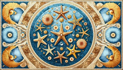 A detailed mosaic design in a 16_9 ratio featuring starfish of different colors and sizes arranged in a circular pattern.