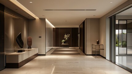 minimalist foyer with a single statement sculpture, clean lines, and hidden storage solutions, welcoming guests with modern elegance