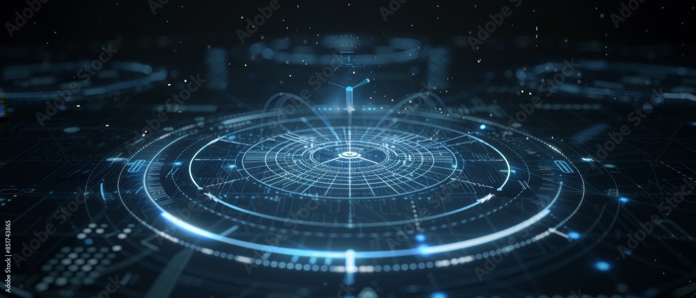 Poster tech circle design, futuristic radar screen with glowing markers and data points, set against a mini