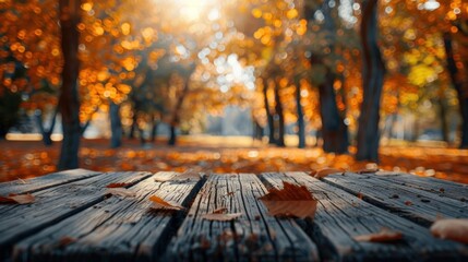 Autumnal Wooden Table with Blurred Forest Background