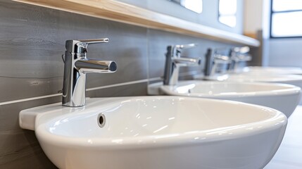 Fototapeta premium Close-up of a row of modern bathroom sinks with sleek chrome faucets in a contemporary setting.