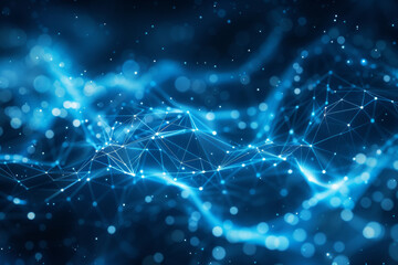 abstract background with a blue glowing low poly mesh, connections and dots. big data technology concept in the style of low poly art