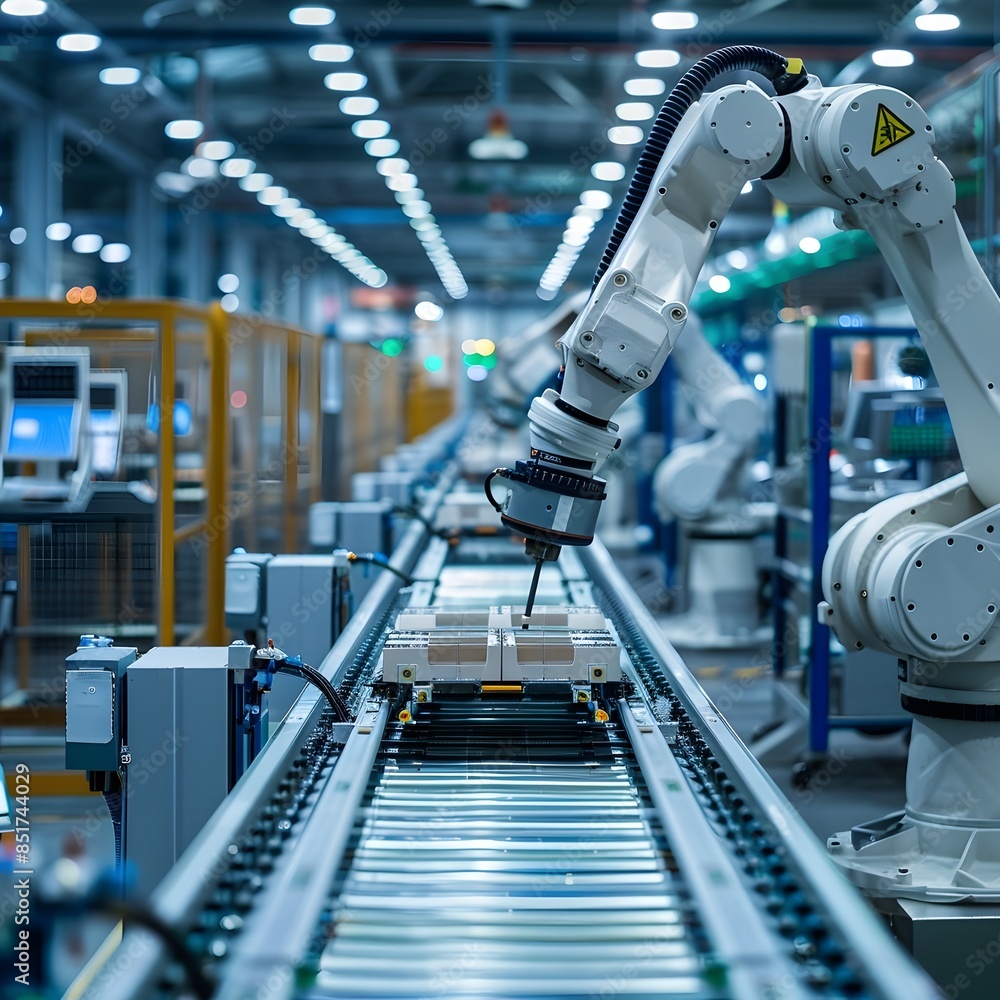 Poster automated assembly line with robotic arms in a modern factory