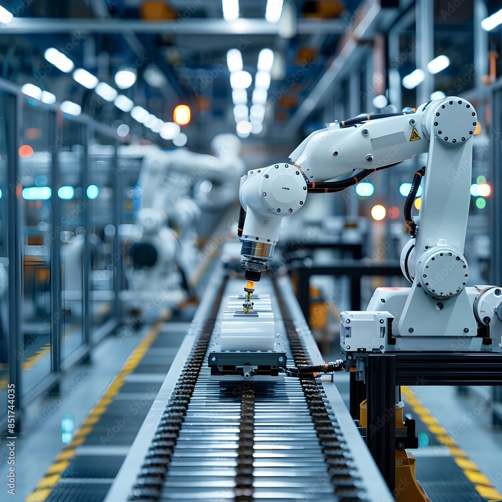 Poster automated robotic arms assembling products on modern factory assembly line