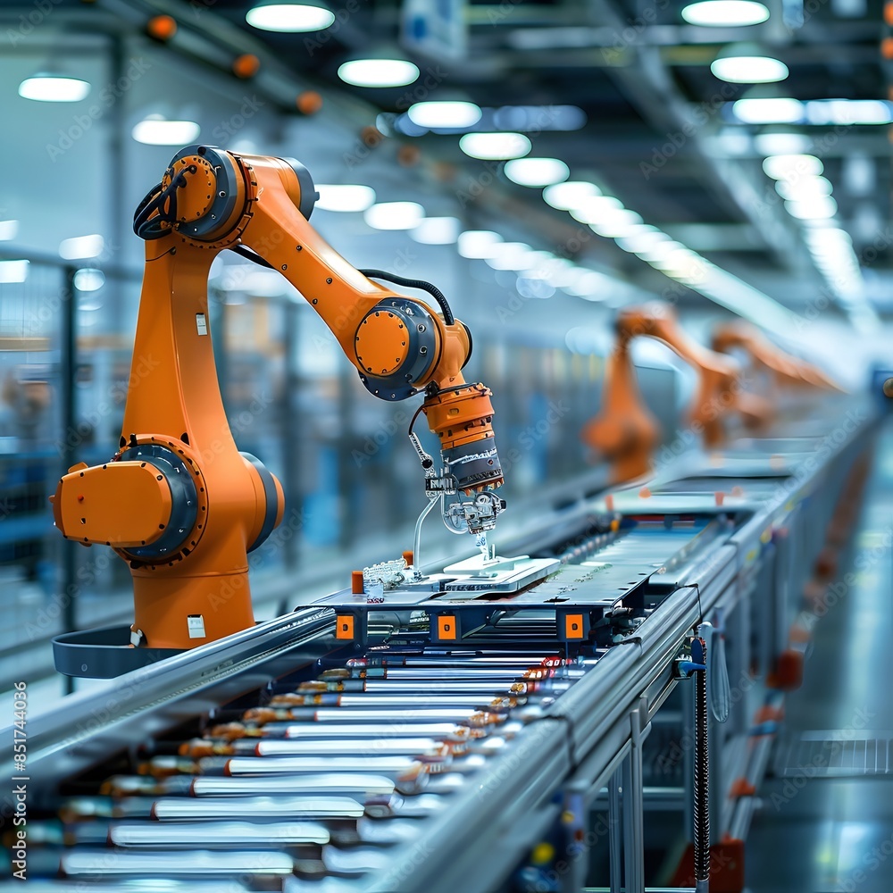 Poster robotic arms assembling products on efficient factory assembly line