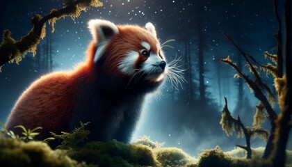 A detailed, close-up image of a red panda bathed in soft moonlight, highlighting its fur against a...