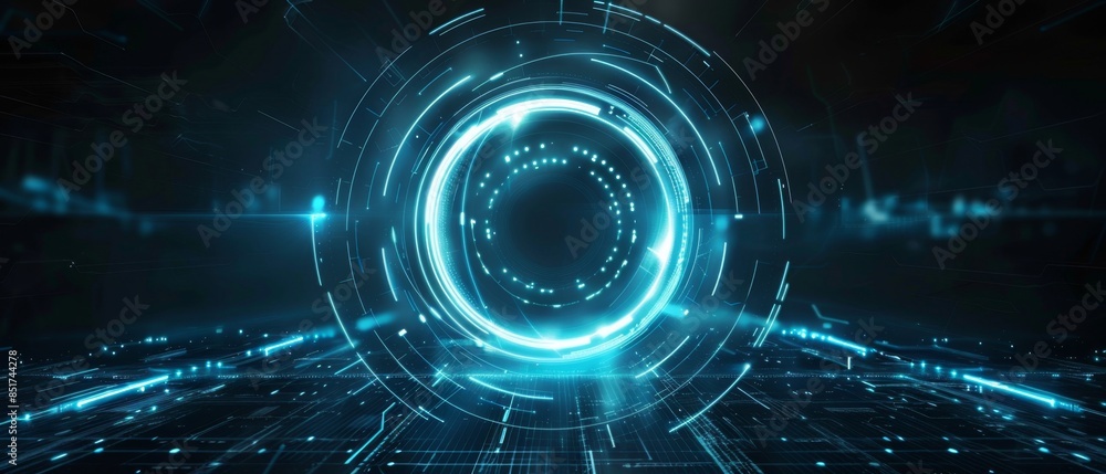 Poster tech hud circle design, glowing neon blue rings with pulsating light effects, creating a futuristic 