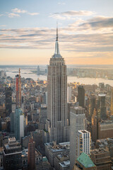 Aerial view of the Empire State Building and downtown Manhattan at dusk, New York City. 