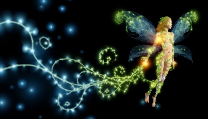 A detailed, close-up image of a fairy intertwined with glowing, magical vines that wrap around her body and wings, creating a captivating pattern.