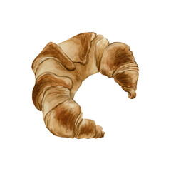 Croissant. French puff flaky bakery dessert. Watercolor illustration hand painted isolated on white background for menu