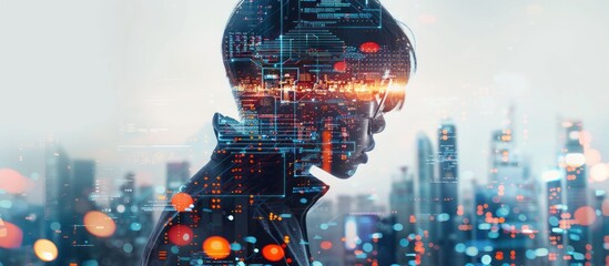 Digital Overlap:  Person in a Cityscape with Data Visualization
