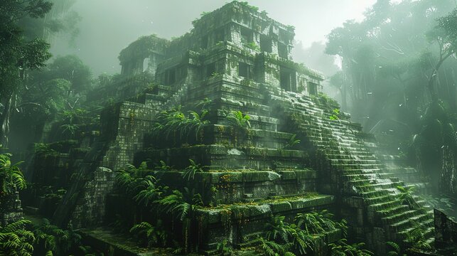 A lush green jungle with a large stone building in the middle