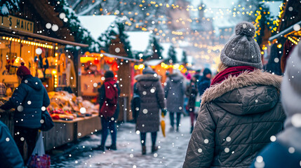 Obraz premium Snowy winter scene at a festive holiday market with lights