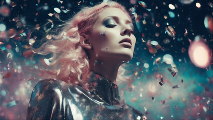 A woman dressed in silver high-end attire amidst fluttering colorful confetti.