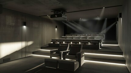 minimalist home cinema with retractable seating, a projector hidden in the ceiling, and acoustically treated walls for a minimalist but immersive experience