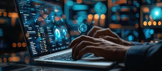 Obraz premium Cybersecurity Analyst Working on a Laptop with Data Visualizations