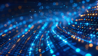 digital binary code matrix background. abstract blue digital background with glowing light rays and particles of data flowing down