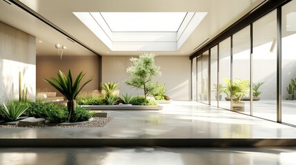 Fototapeta premium minimalist indoor courtyard with polished concrete floors, minimal plantings, and sky-lit ceilings, providing a serene, open space for meditation or relaxation