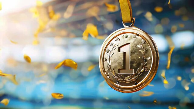 gold medal with number one for 1st place laurel wreath on festive background sport stadium with confetti, design trophy, Golden symbol of winner, celebration, sport competition, champion games