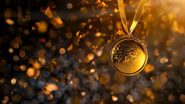  empty blank mock up gold medal laurel wreath on golden background with confetti, design trophy, Golden symbol of winner, celebration, sport competition, champion games
