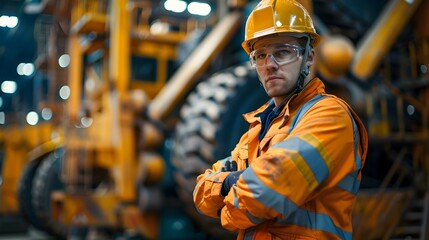Construction Worker Inspecting Heavy Industrial Machinery at Factory Site