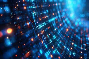 Obraz premium digital binary code matrix background. abstract blue digital background with glowing light rays and particles of data flowing down