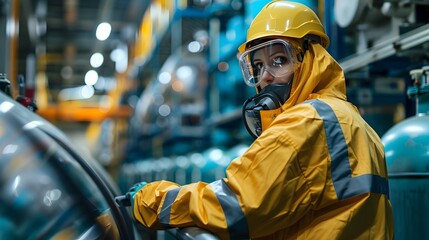 Worker in Protective Gear Handling Chemicals at Industrial Chemical Plant