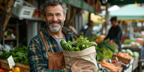 Cheerful Street Vendor Running a Small Farm Market Business