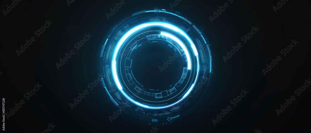Aufkleber tech hud circle design, glowing neon blue rings with pulsating light effects, creating a futuristic 